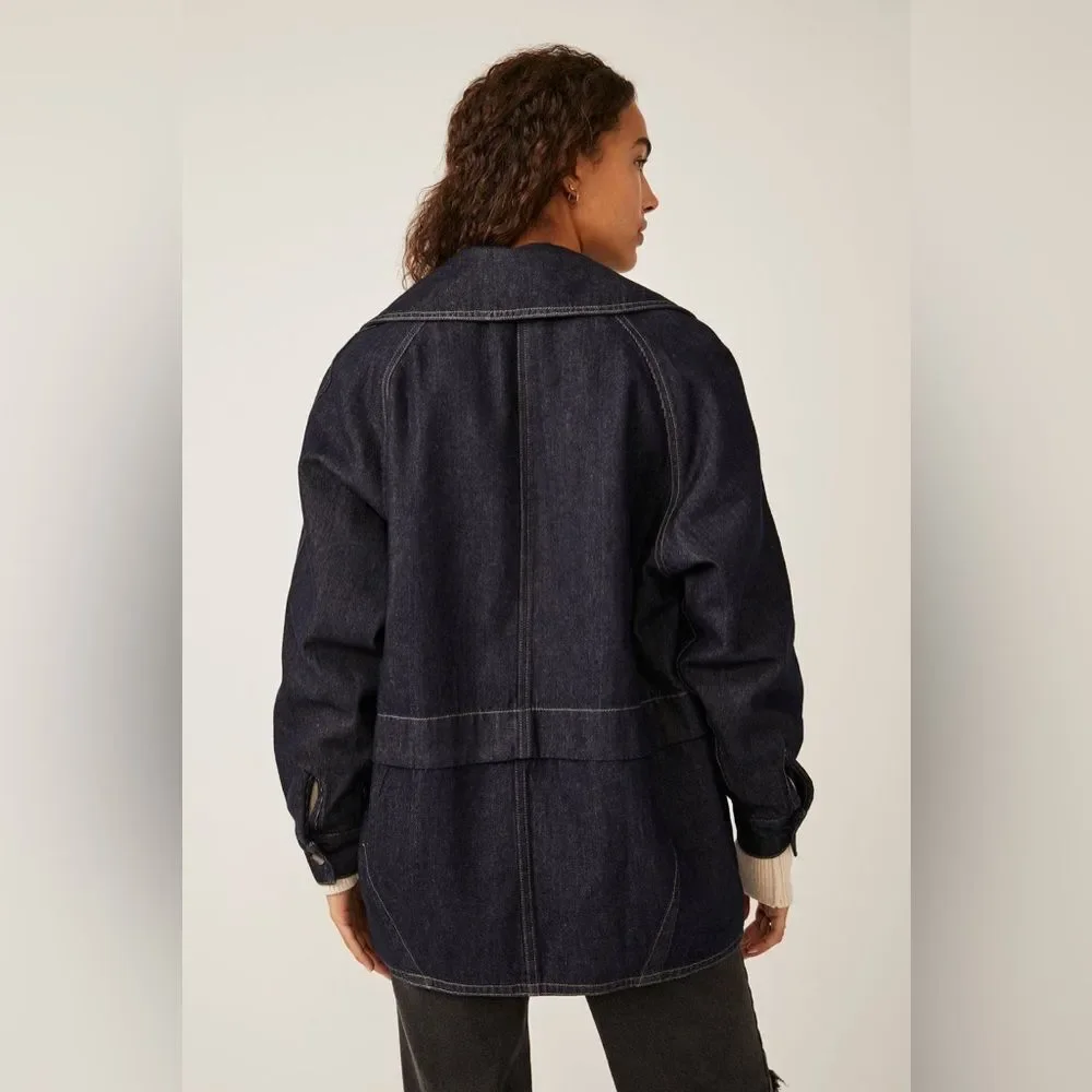 NWOT Free People Denim Car Coat in Rinse Wash Blue Oversized Sz XS 100% cotton